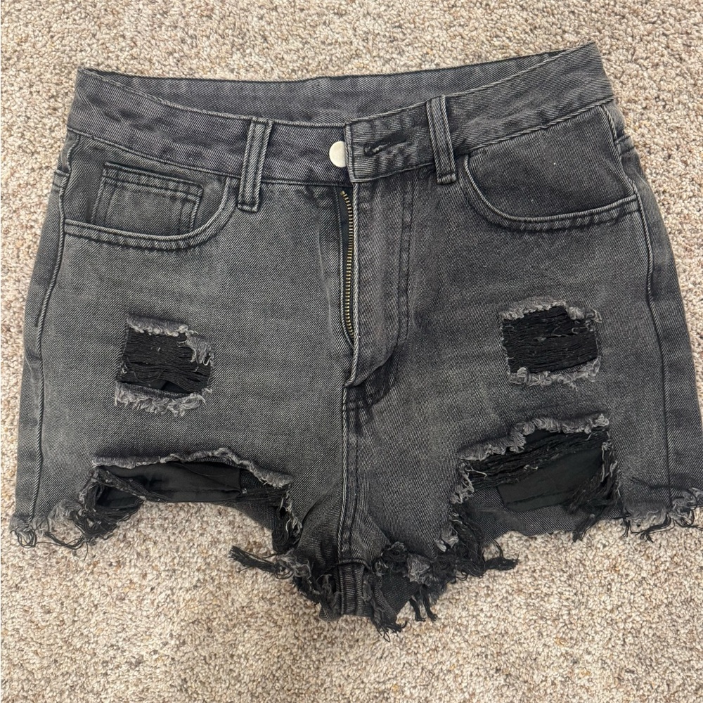 Distressed Black Denim Shorts
